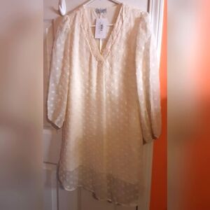 NWT Womens Cream V-neck Shelby Swiss Dotted L/S Dress Sz. S
